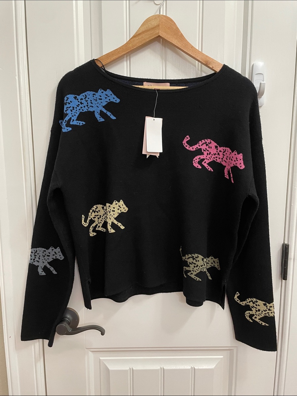NWT Philosophy Black Crewneck Sweater with Multicolor Leopard Motifs